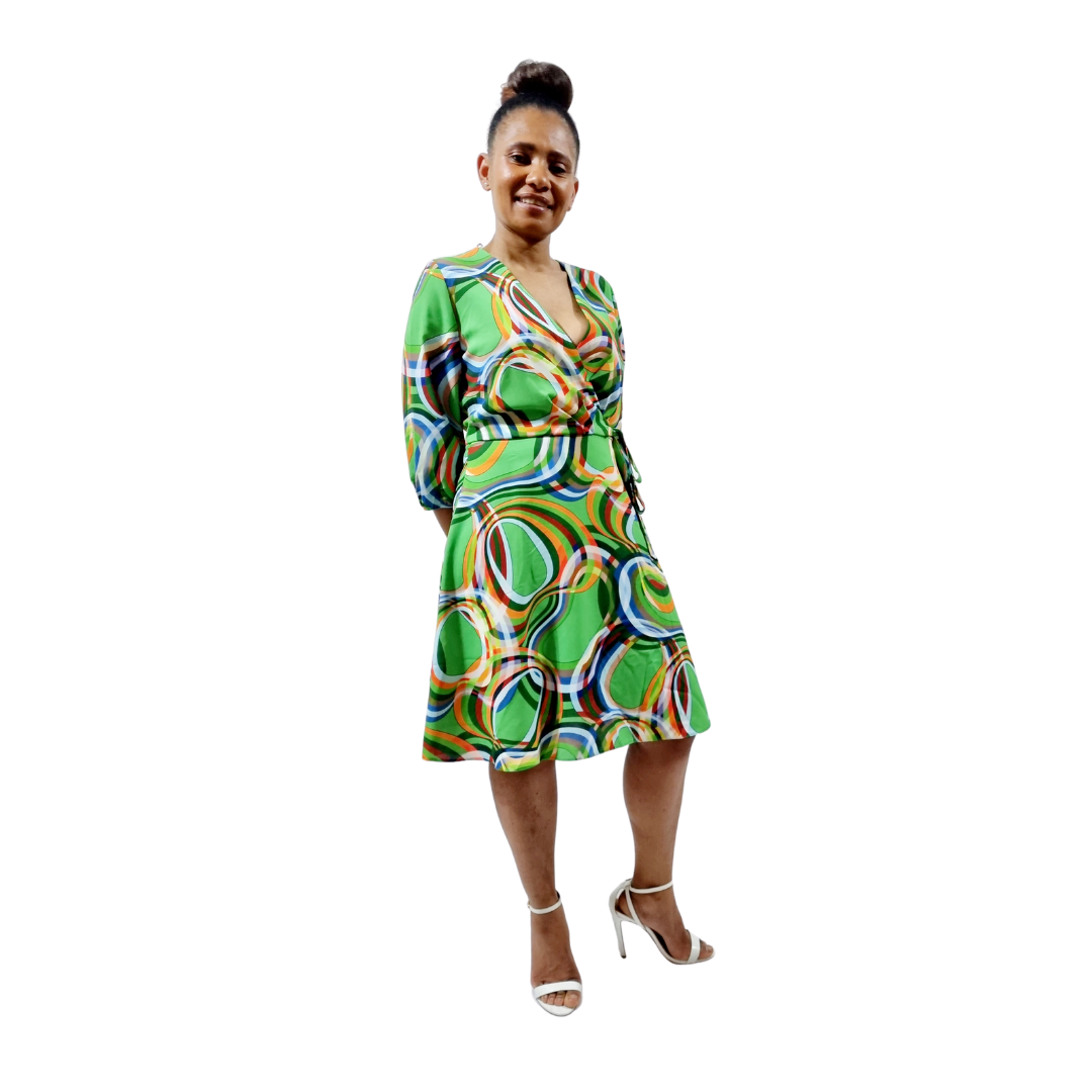 Green Print Wrap Mini Dress