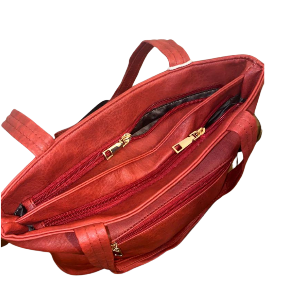 Red Handbag with V detail and Double Zips