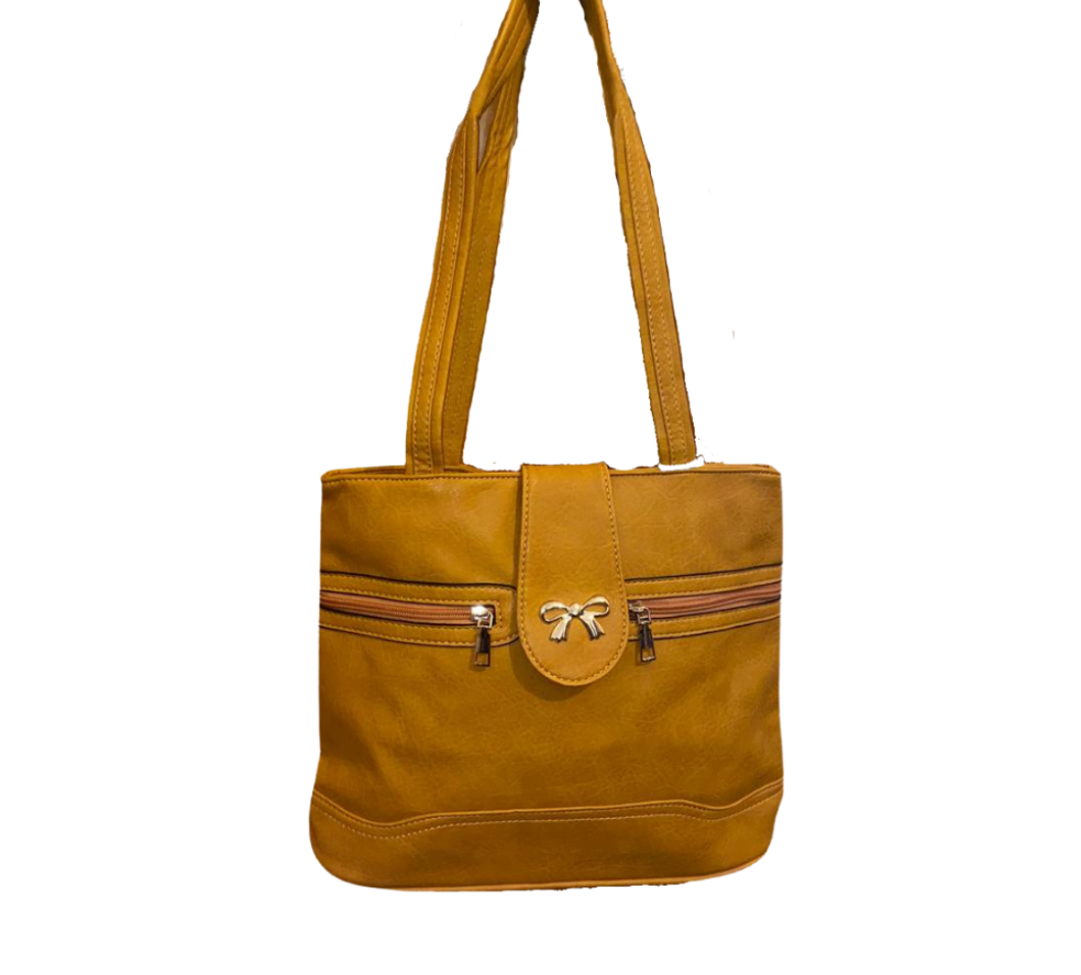 Tan Handbag with bow detail and double zips across the front.