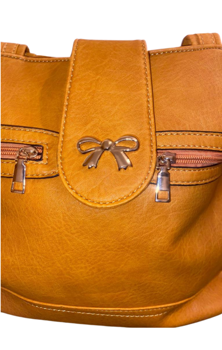 Tan Handbag with bow detail and double zips across the front.