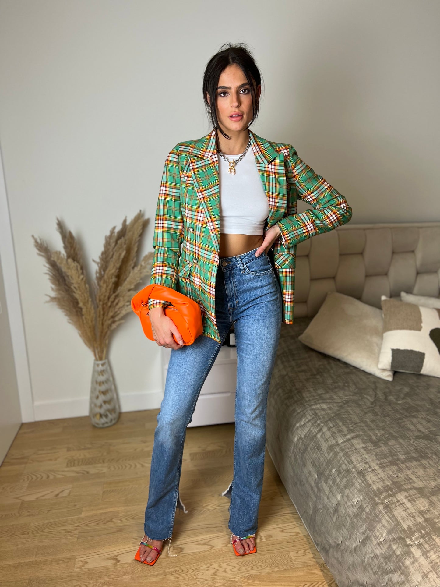 Green Check Double Breasted Blazer