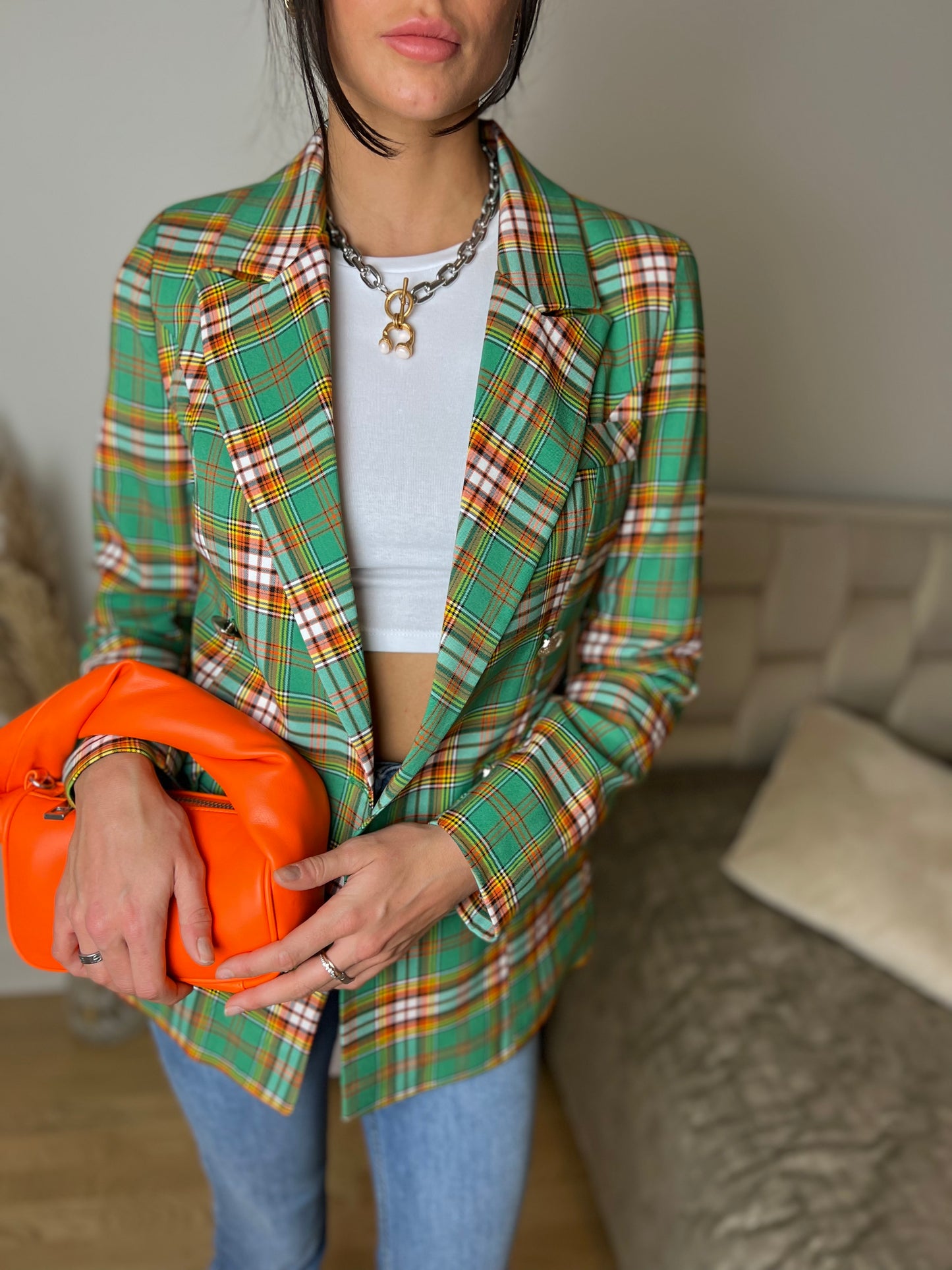 Green Check Double Breasted Blazer