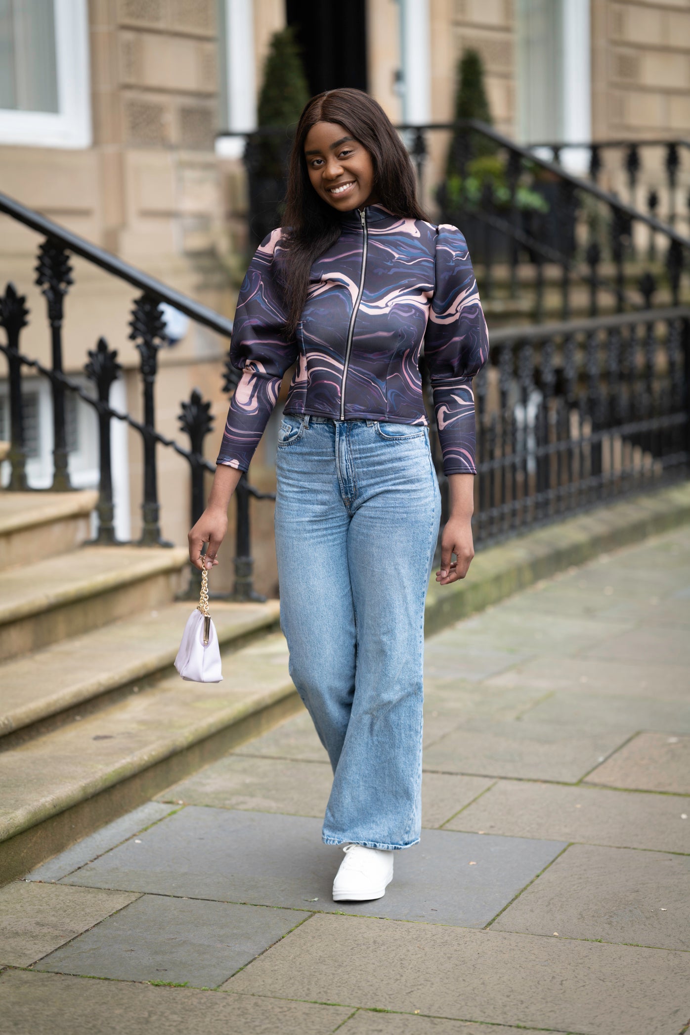 Marble Scuba Cropped Jacket with Puff Sleeves