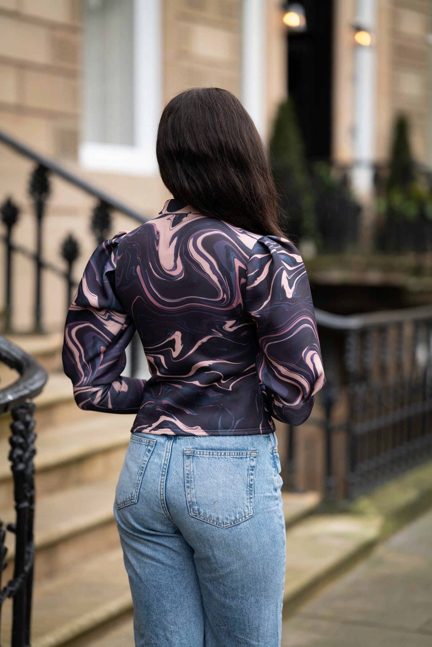 Marble Scuba Cropped Jacket with Puff Sleeves