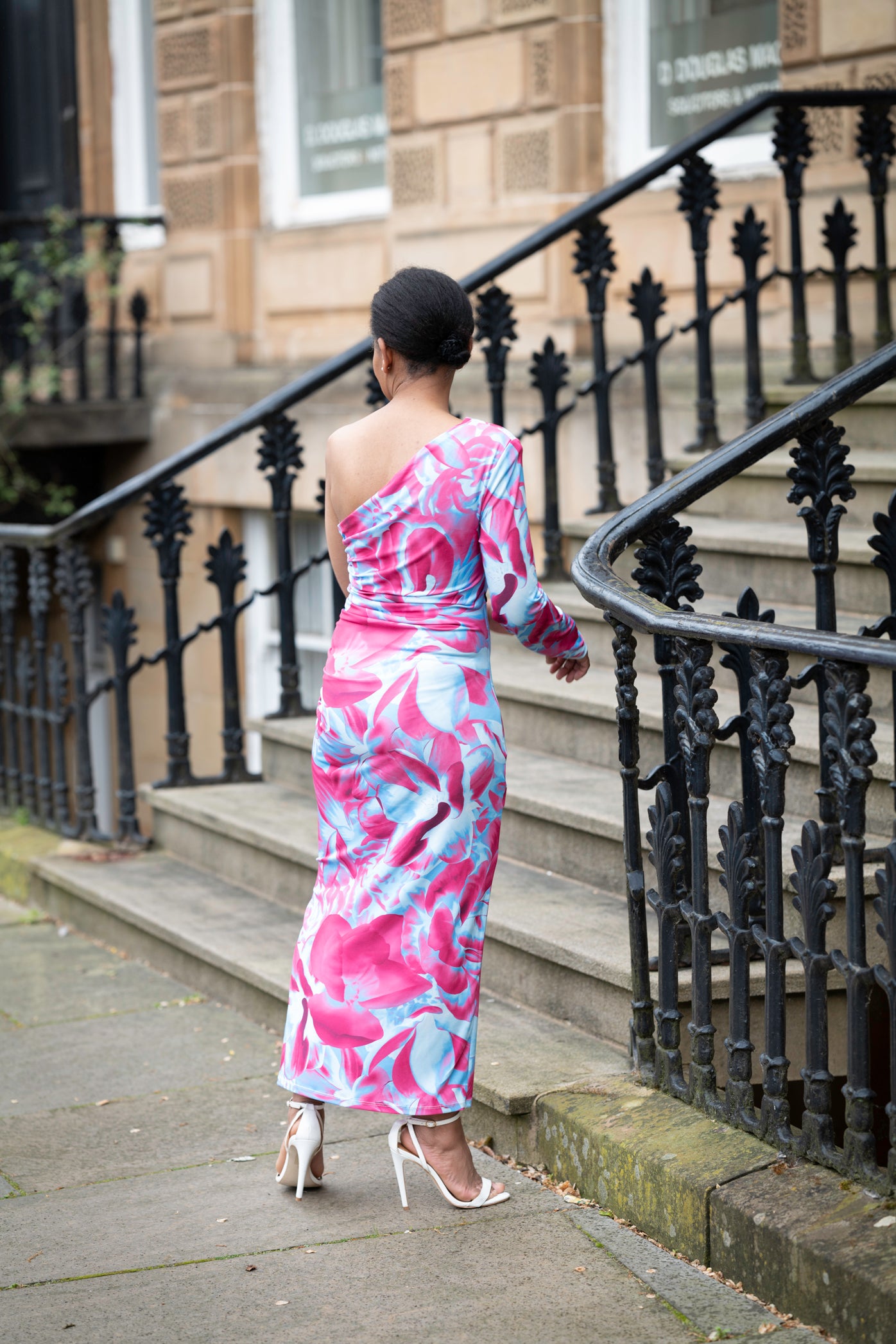 Blue and Pink One Shoulder Midi Dress with Side Split
