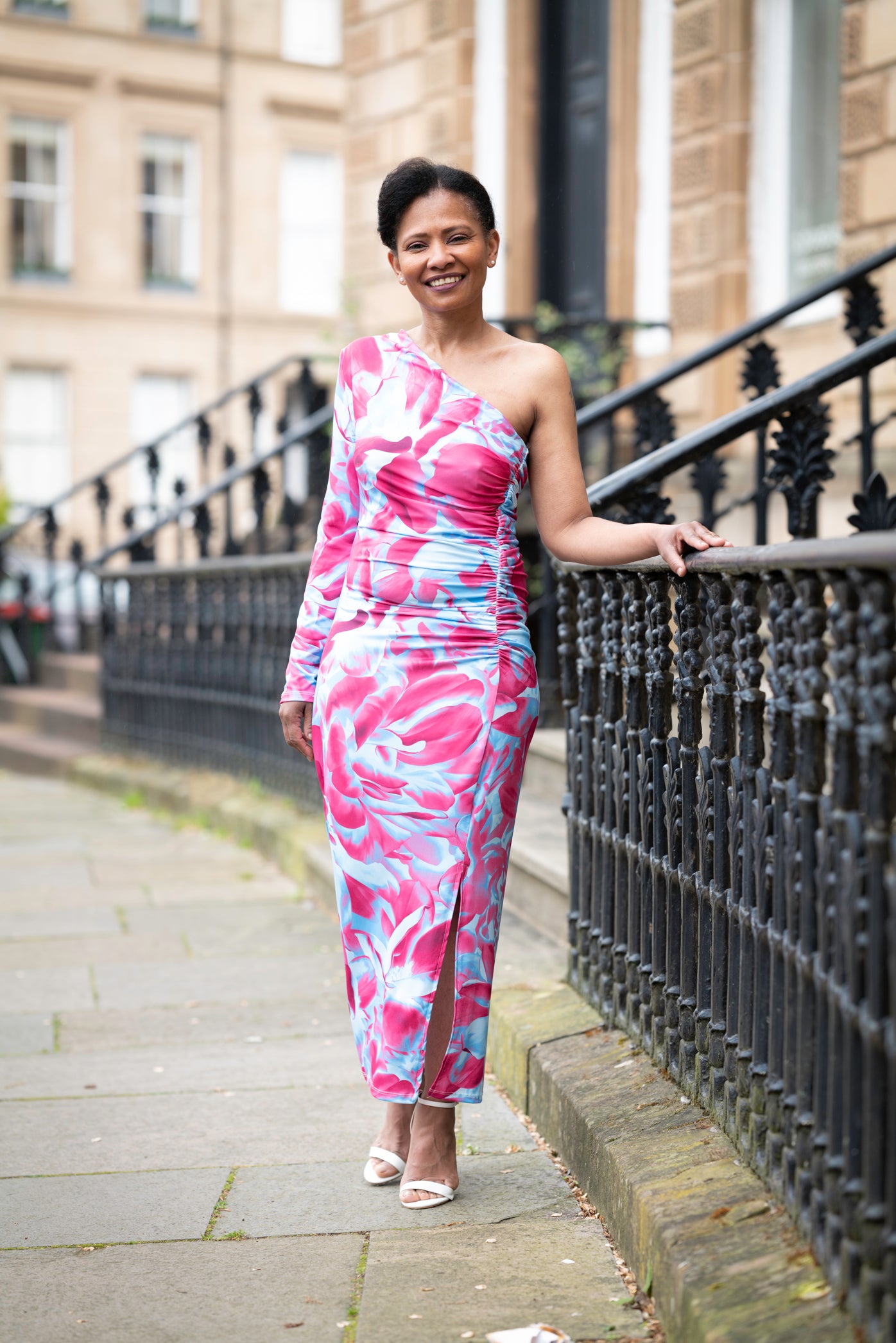 Blue and Pink One Shoulder Midi Dress with Side Split
