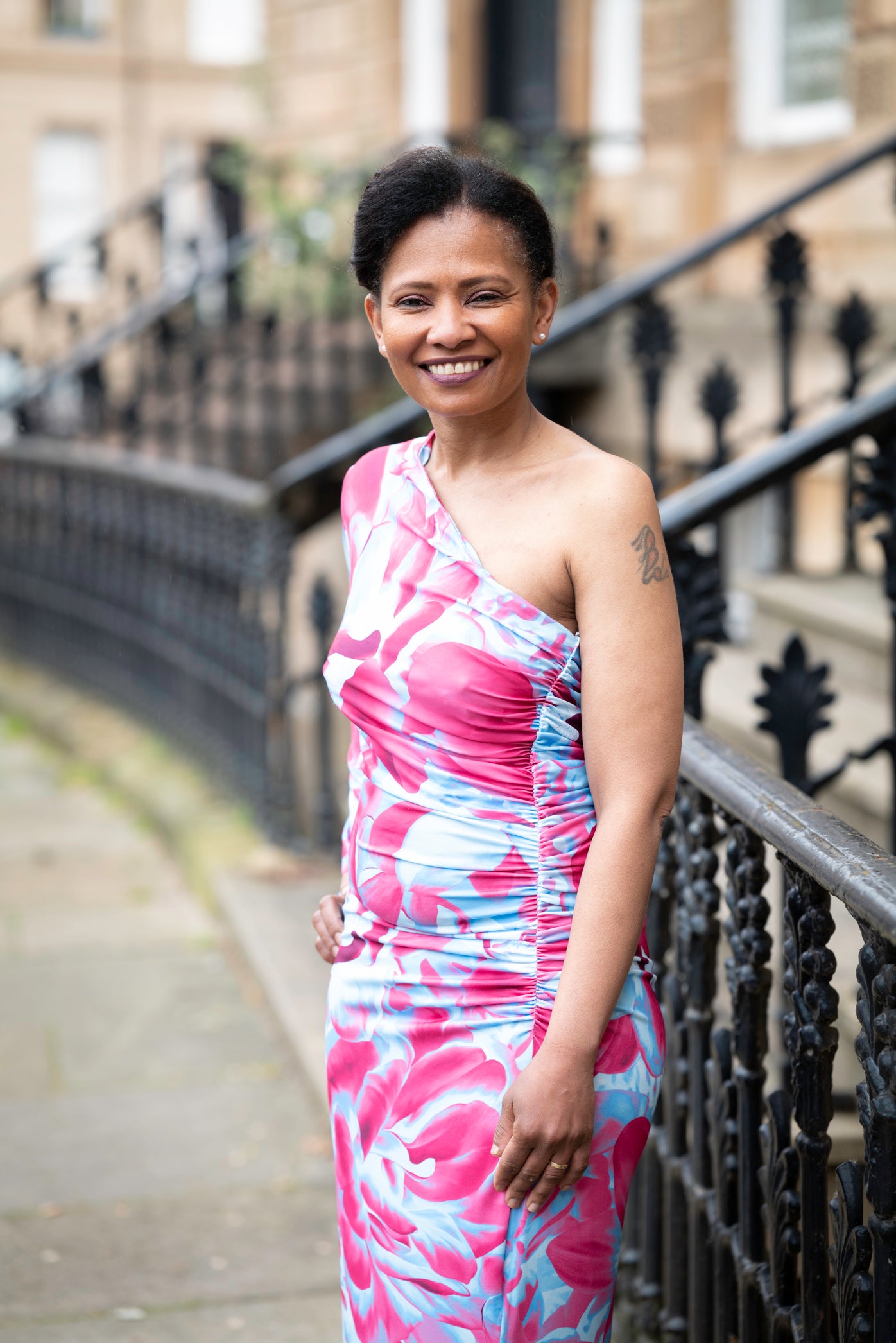 Blue and Pink One Shoulder Midi Dress with Side Split
