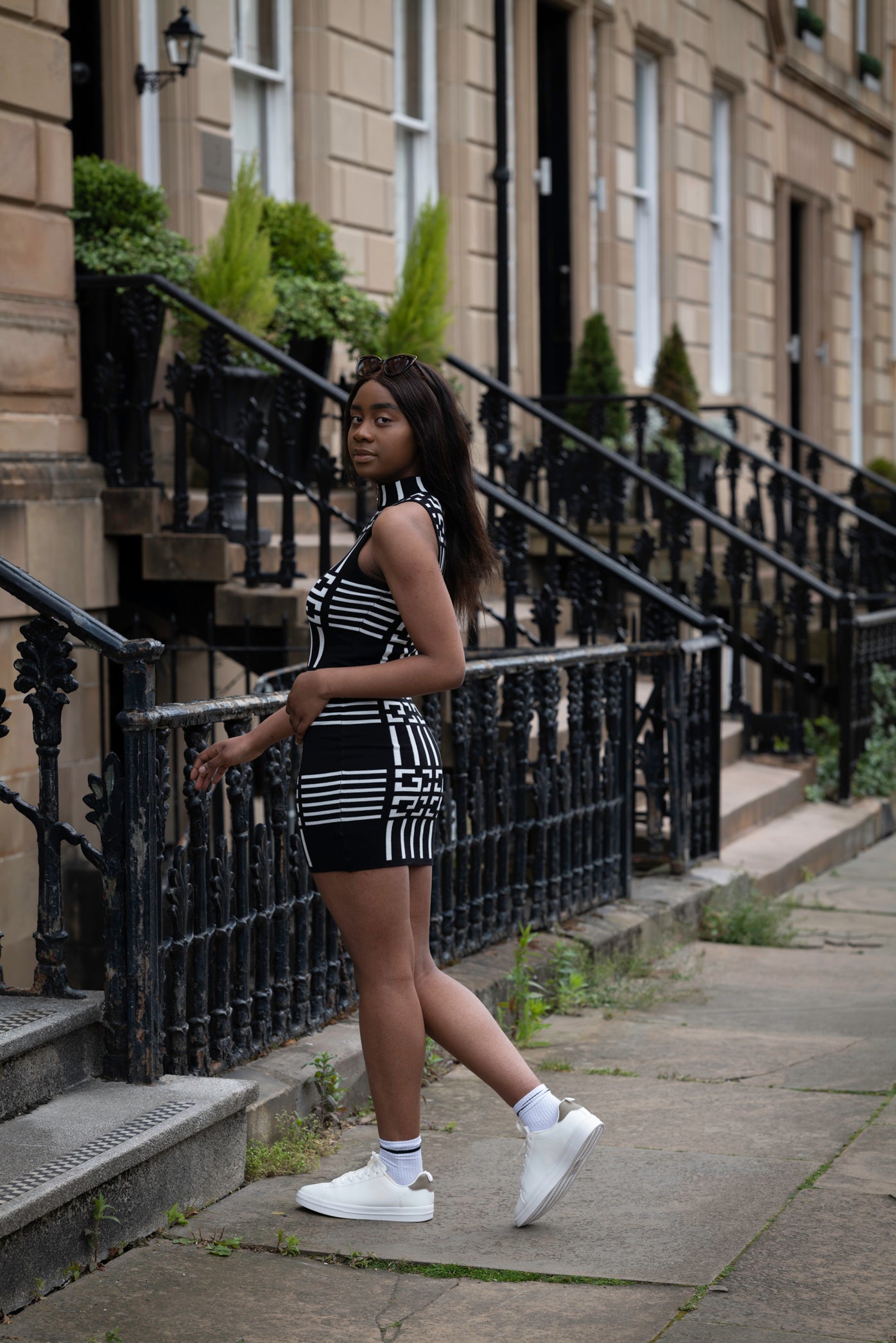 Black and White Bodycon Dress with Front Zip