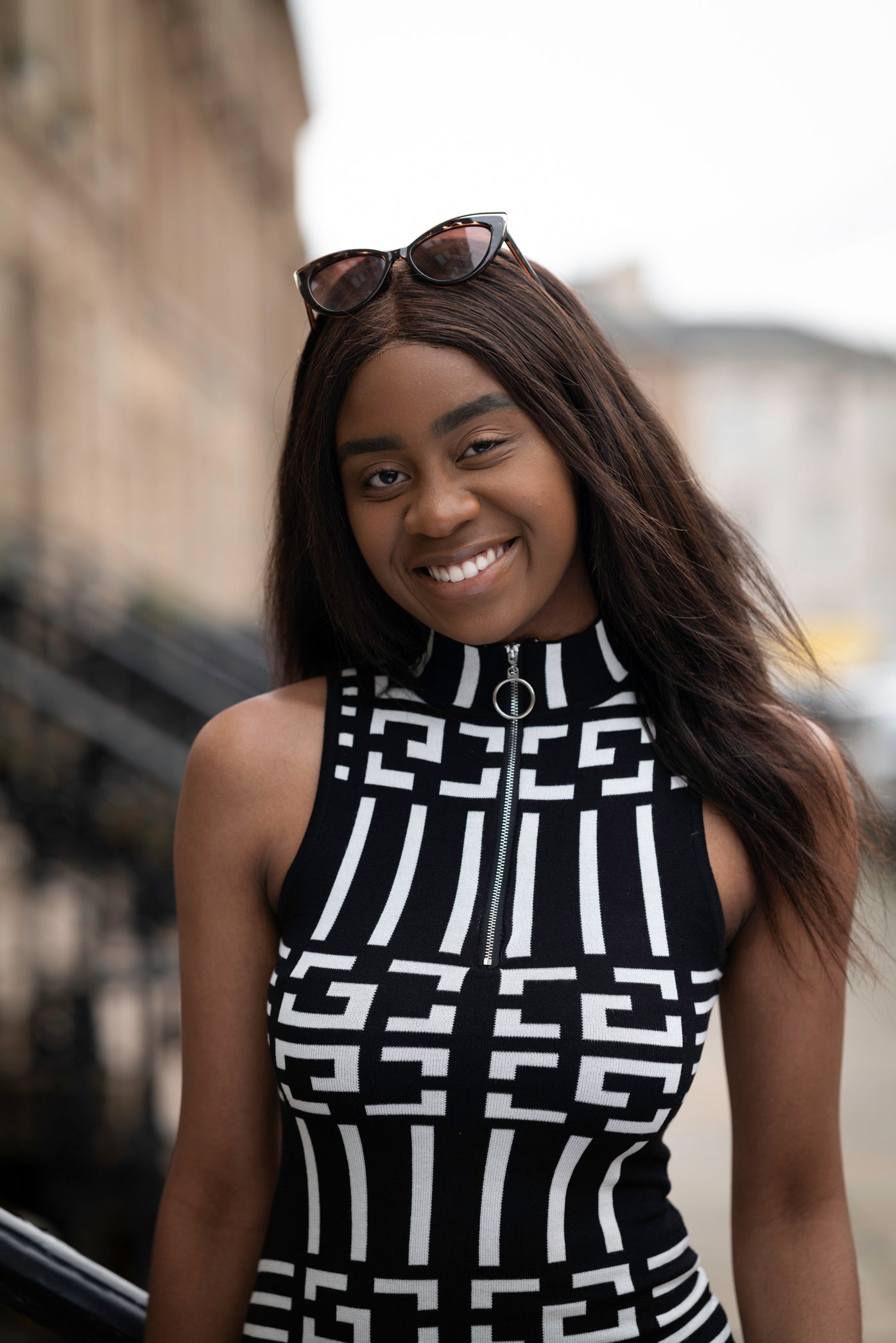 Black and White Bodycon Dress with Front Zip
