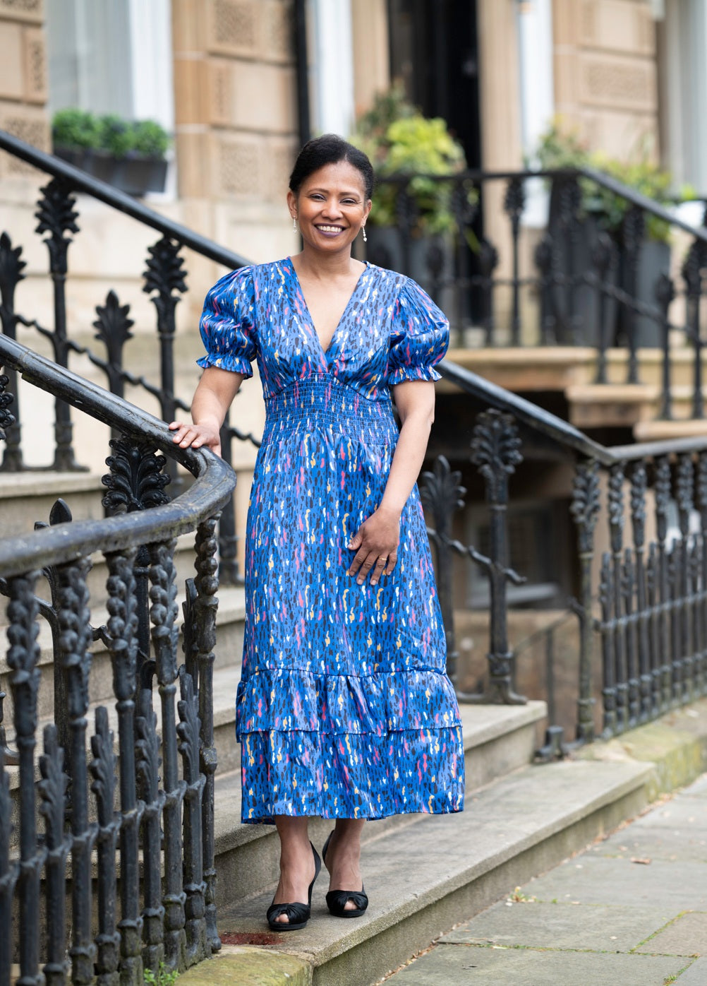 Blue V Neck Midi Dress