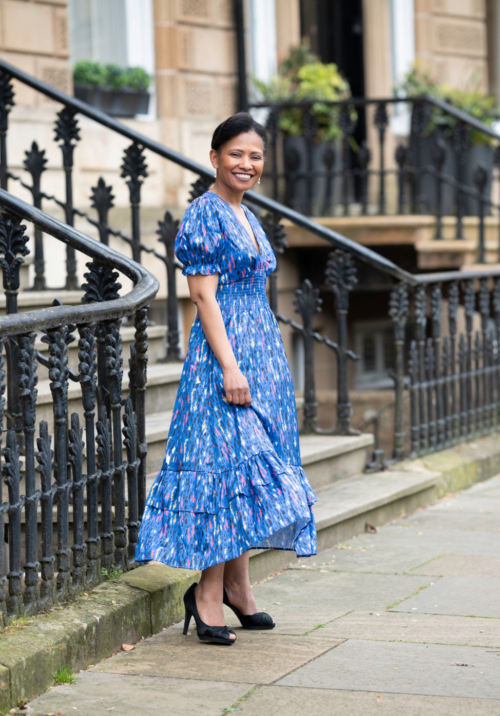Blue V Neck Midi Dress