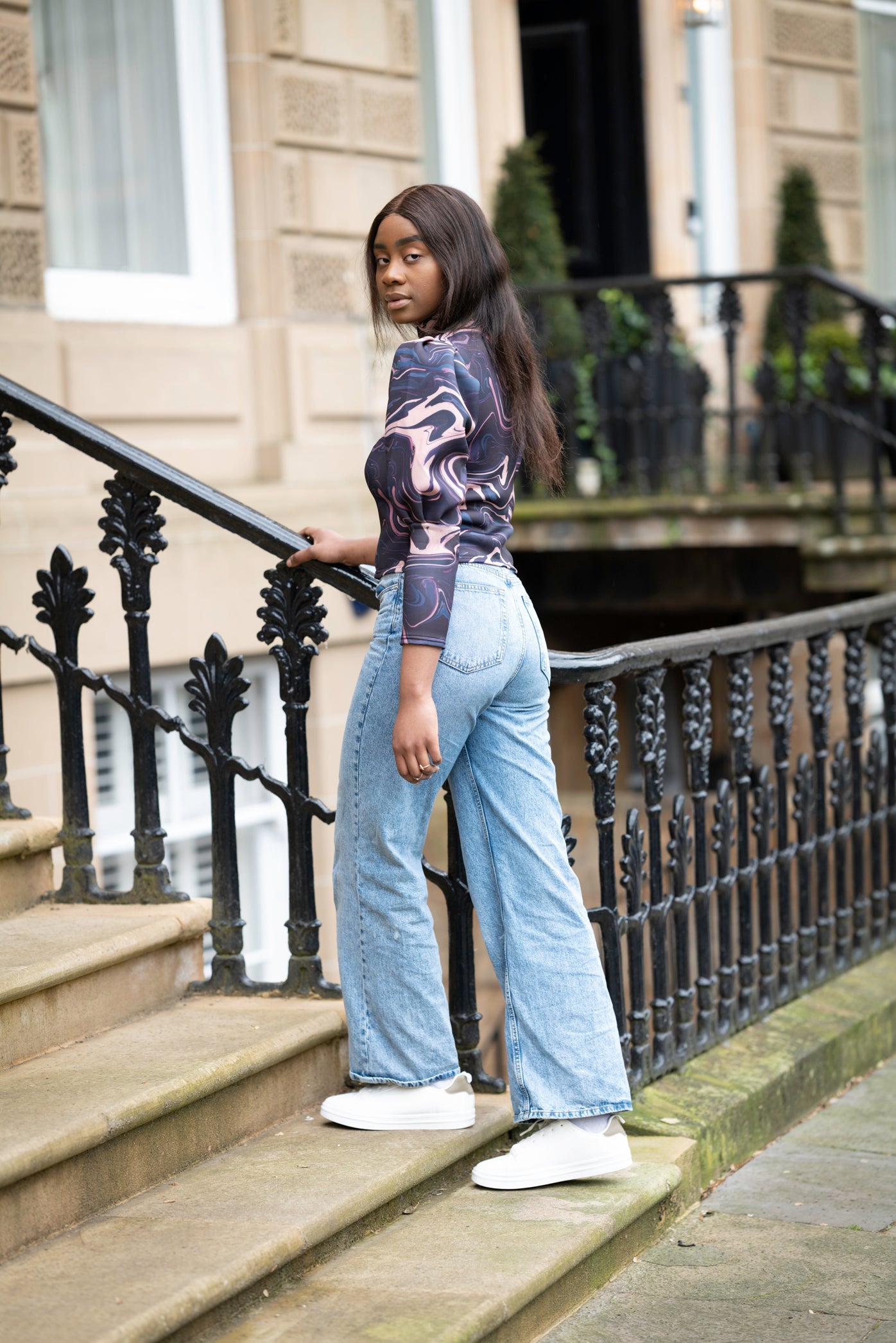 Marble Scuba Cropped Jacket with Puff Sleeves