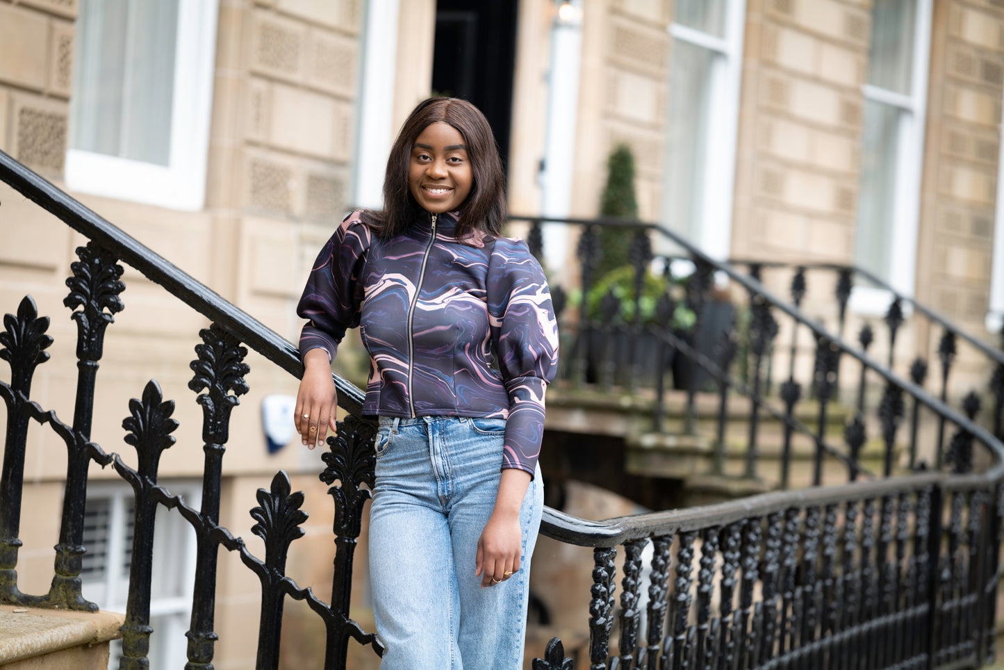 Marble Scuba Cropped Jacket with Puff Sleeves