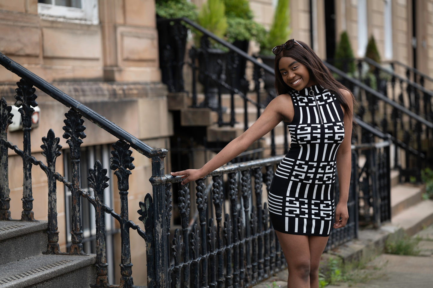 Black and White Bodycon Dress with Front Zip