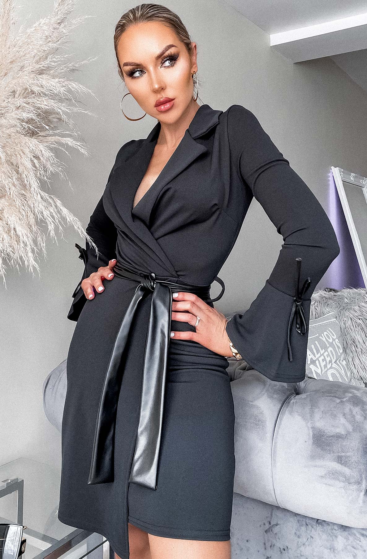 Flute Sleeve Wrap Dress- Black