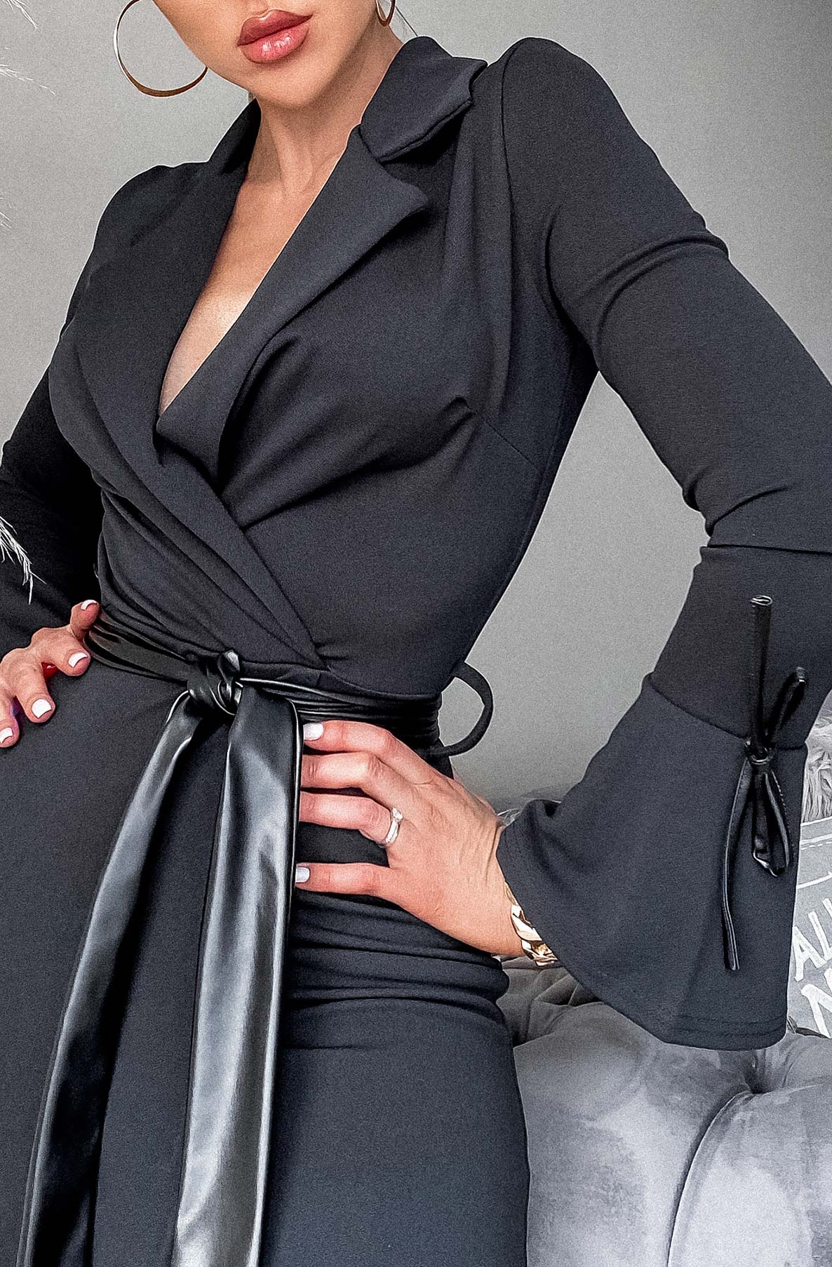 Flute Sleeve Wrap Dress- Black