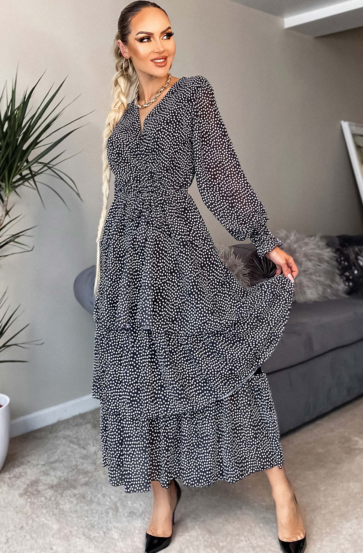 Tiered Chiffon Polka Dot Dress