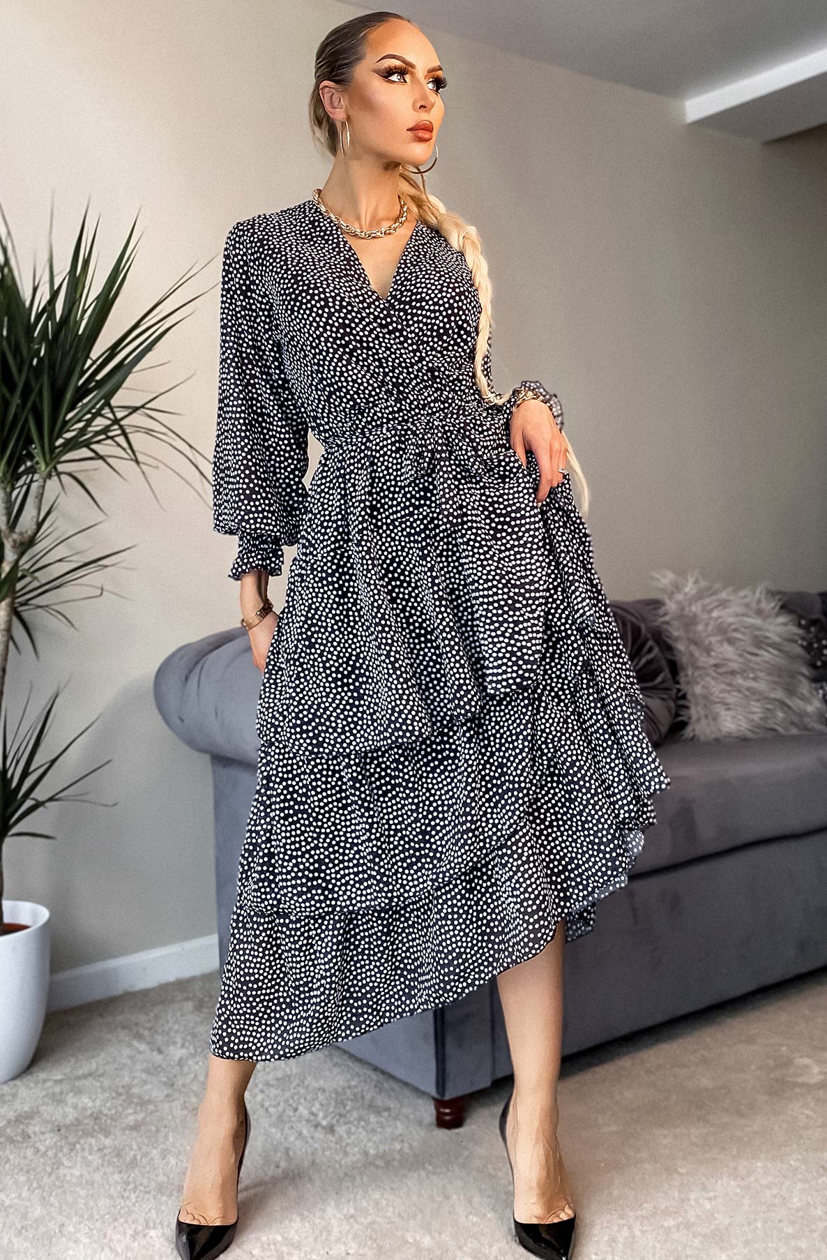 Tiered Chiffon Polka Dot Dress
