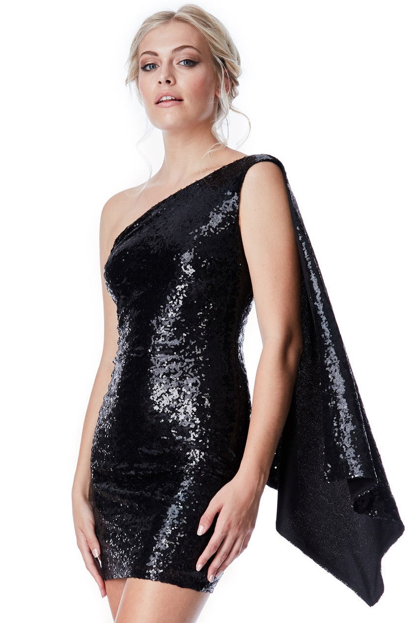 One Shoulder Sequin Mini with Cape Detail