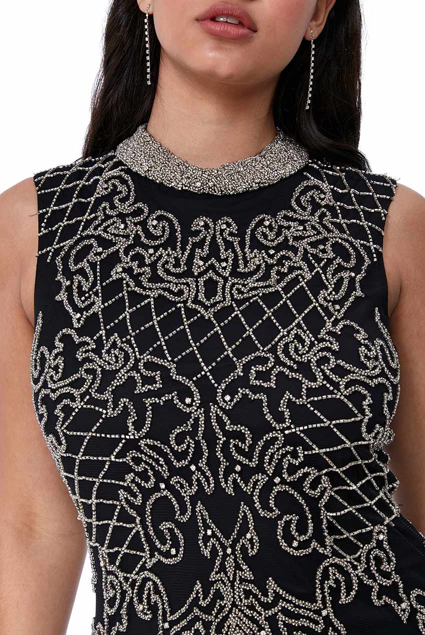 Black Hand Embellished Fringe Hem Mini Dress