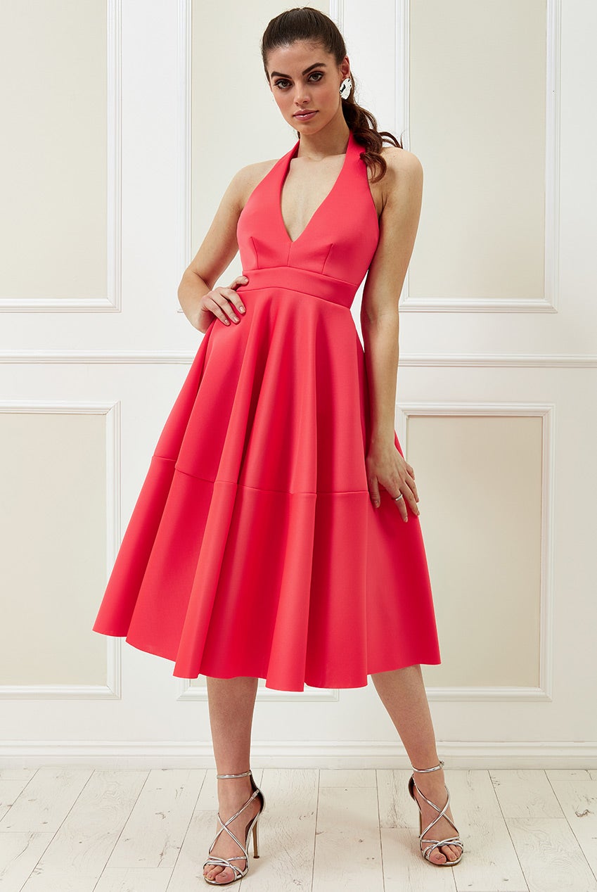 Hot Pink Halter Neck A-Line Midi Dress