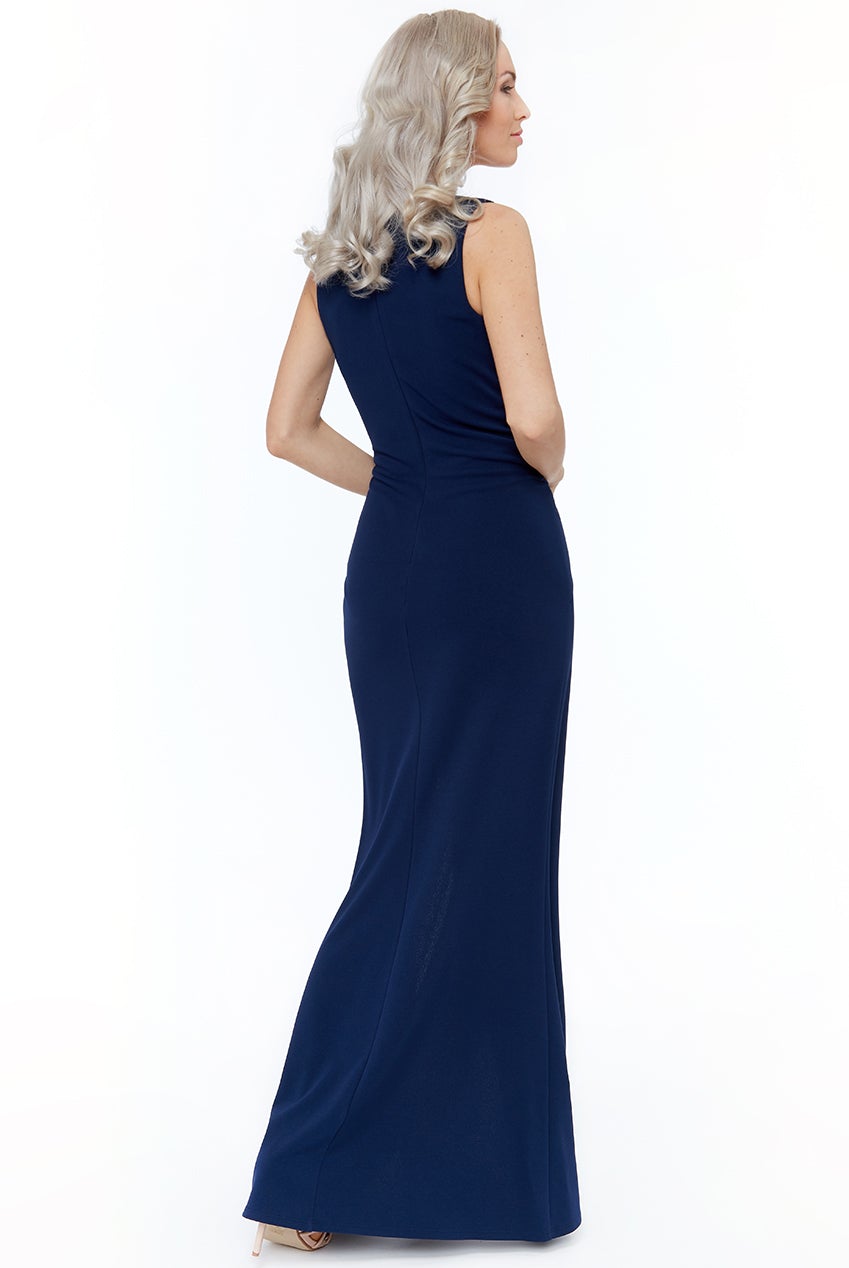 Navy Buckle Front Dress with Thigh High Split