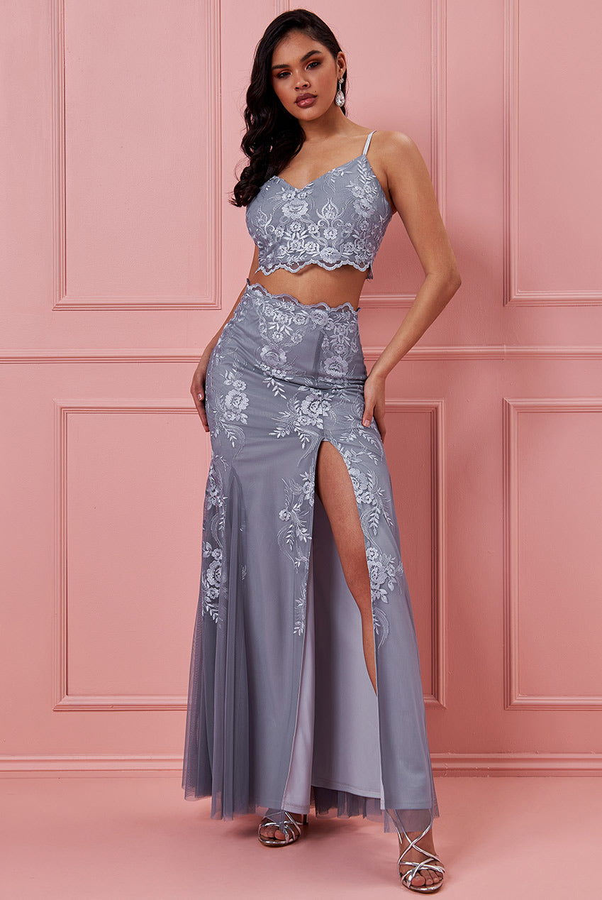 Silver Thigh Split Lace Co-Ord