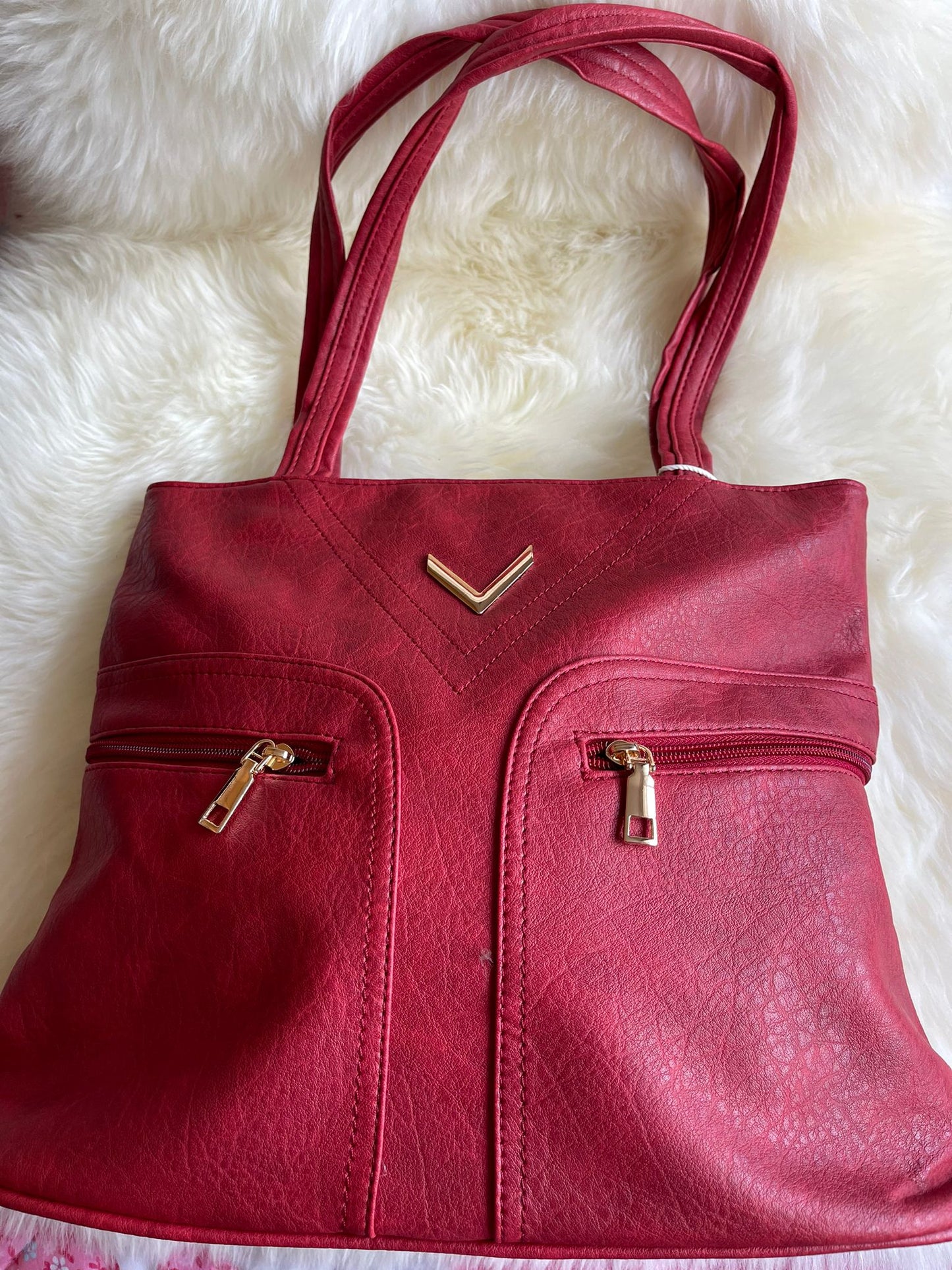 Red Handbag with V detail and Double Zips
