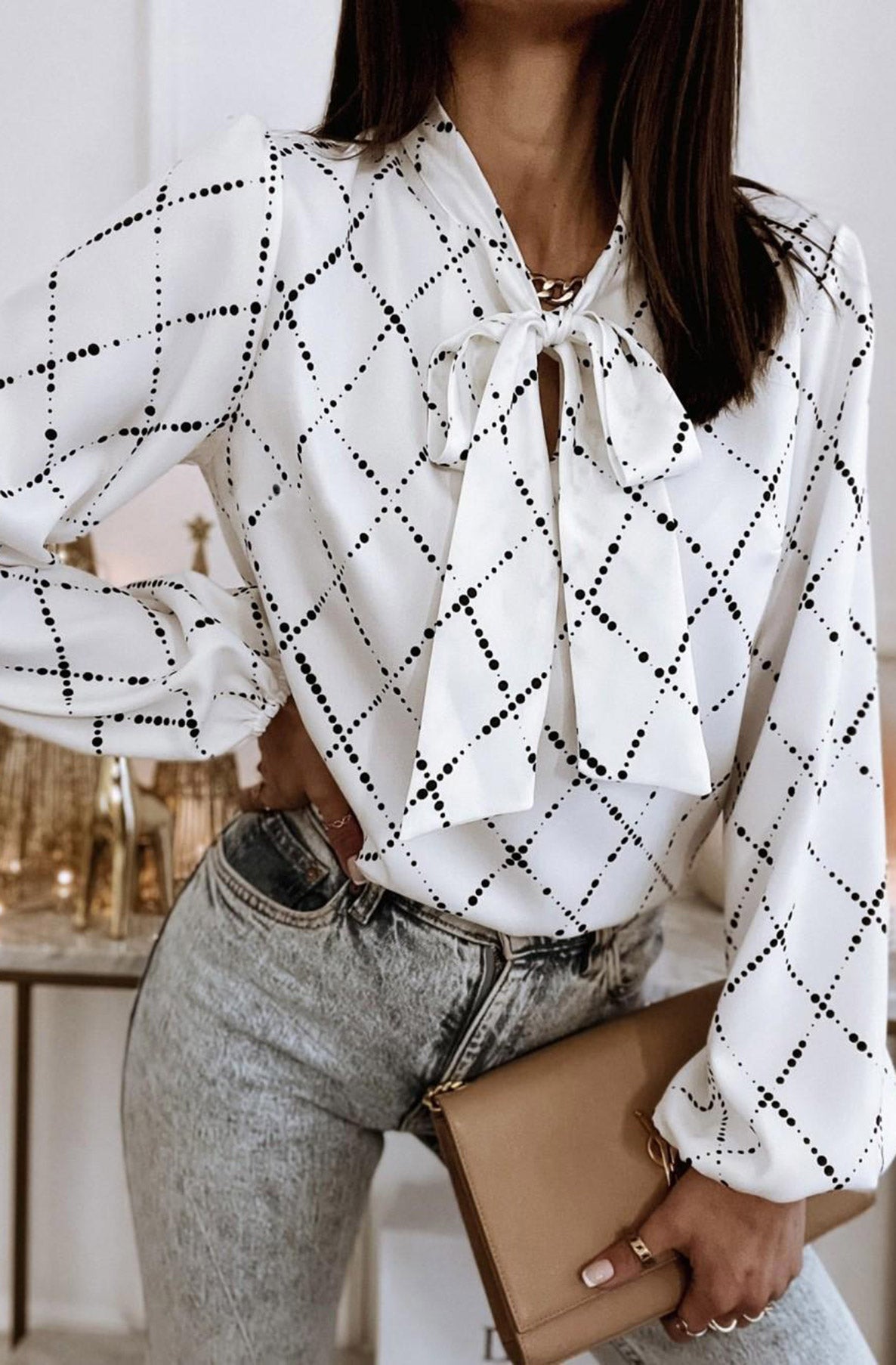 White and Black Pussybow Top