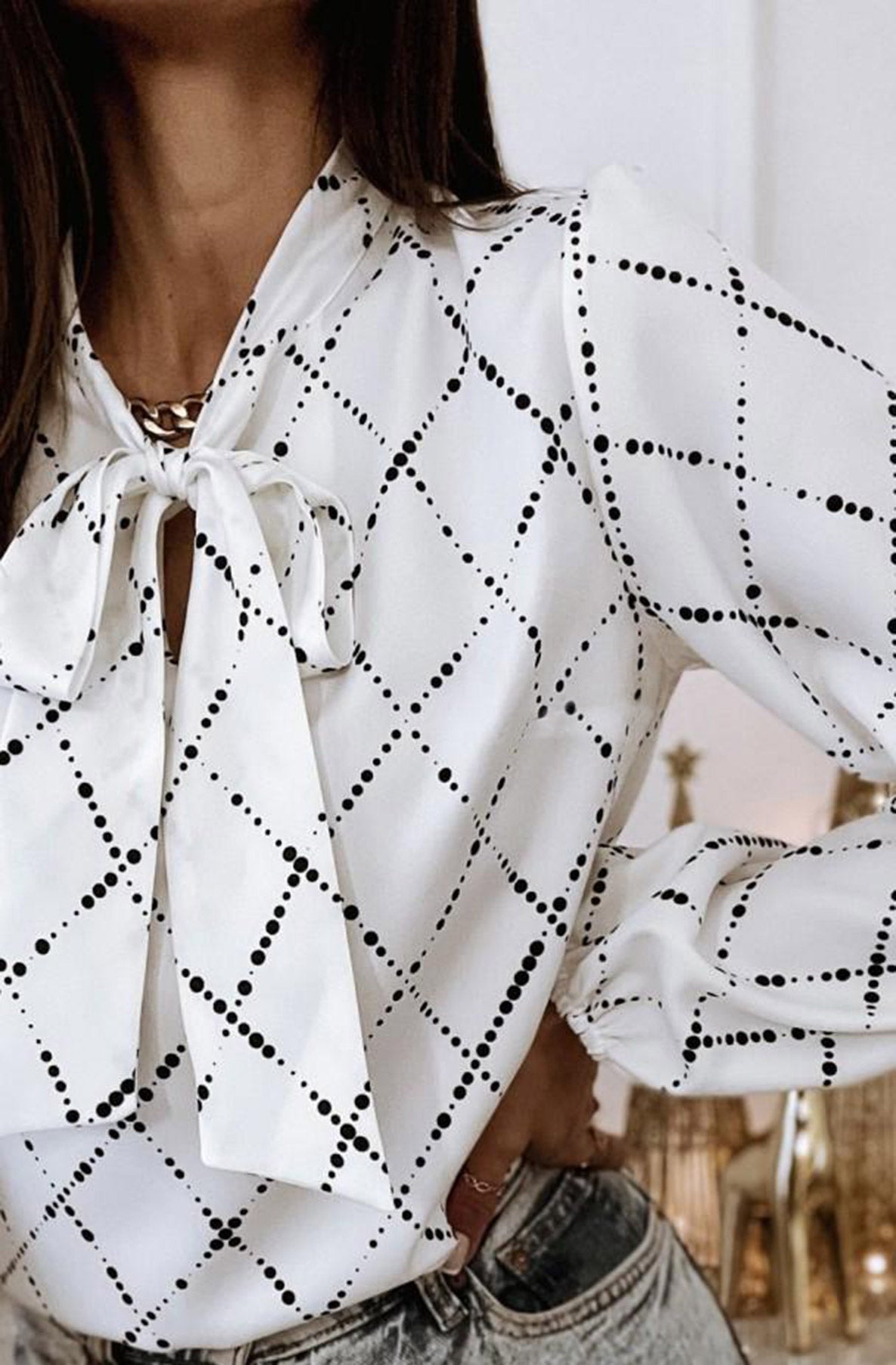 White and Black Pussybow Top
