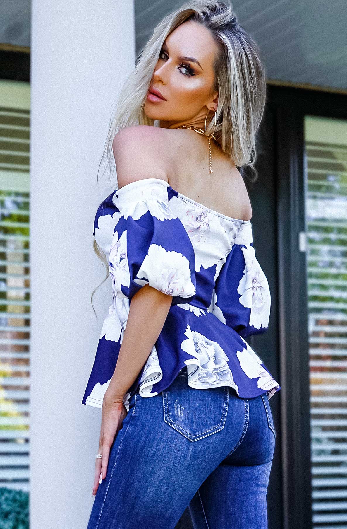 Floral Puffed Sleeves Peplum Top