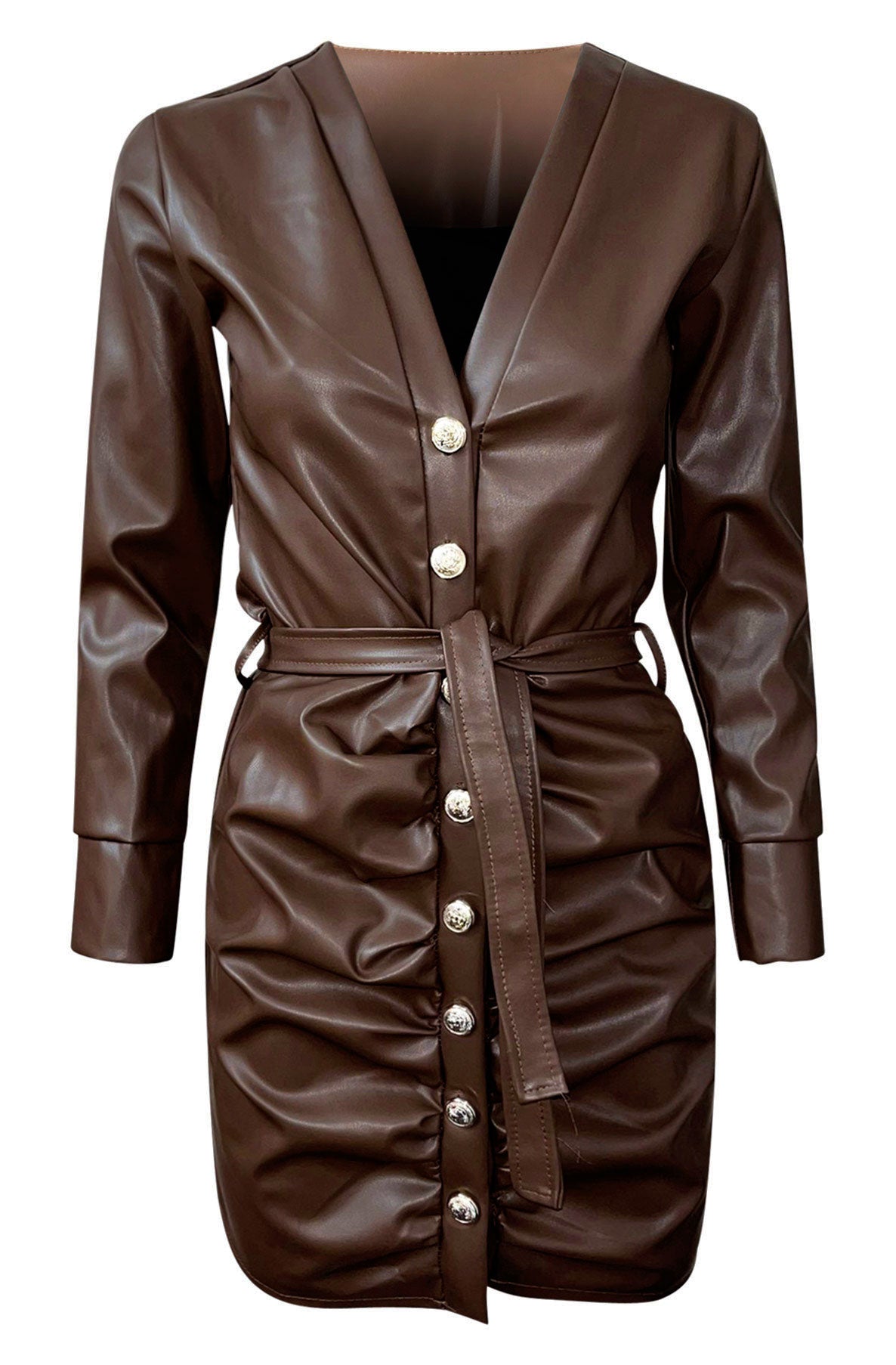 Brown Faux Leather Ruched Dress