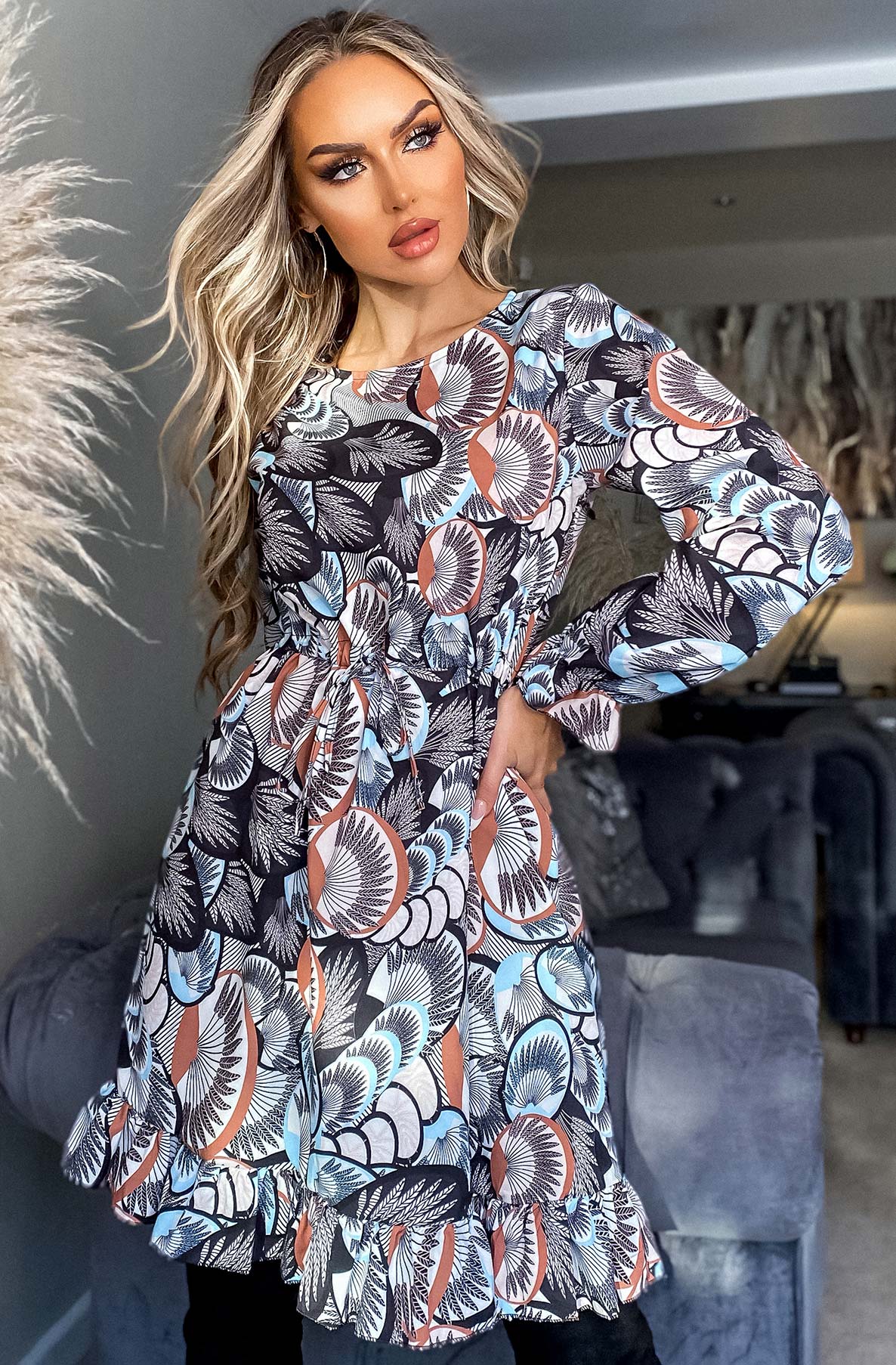 Patterned Frill Hem Dress