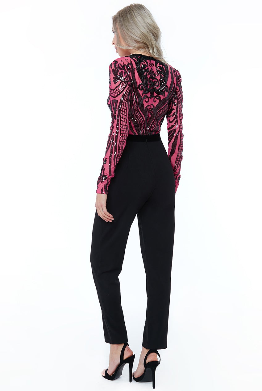 Cerise Deep V Neck Sequin Embroidered Jumpsuit