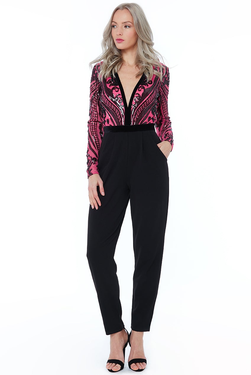 Cerise Deep V Neck Sequin Embroidered Jumpsuit