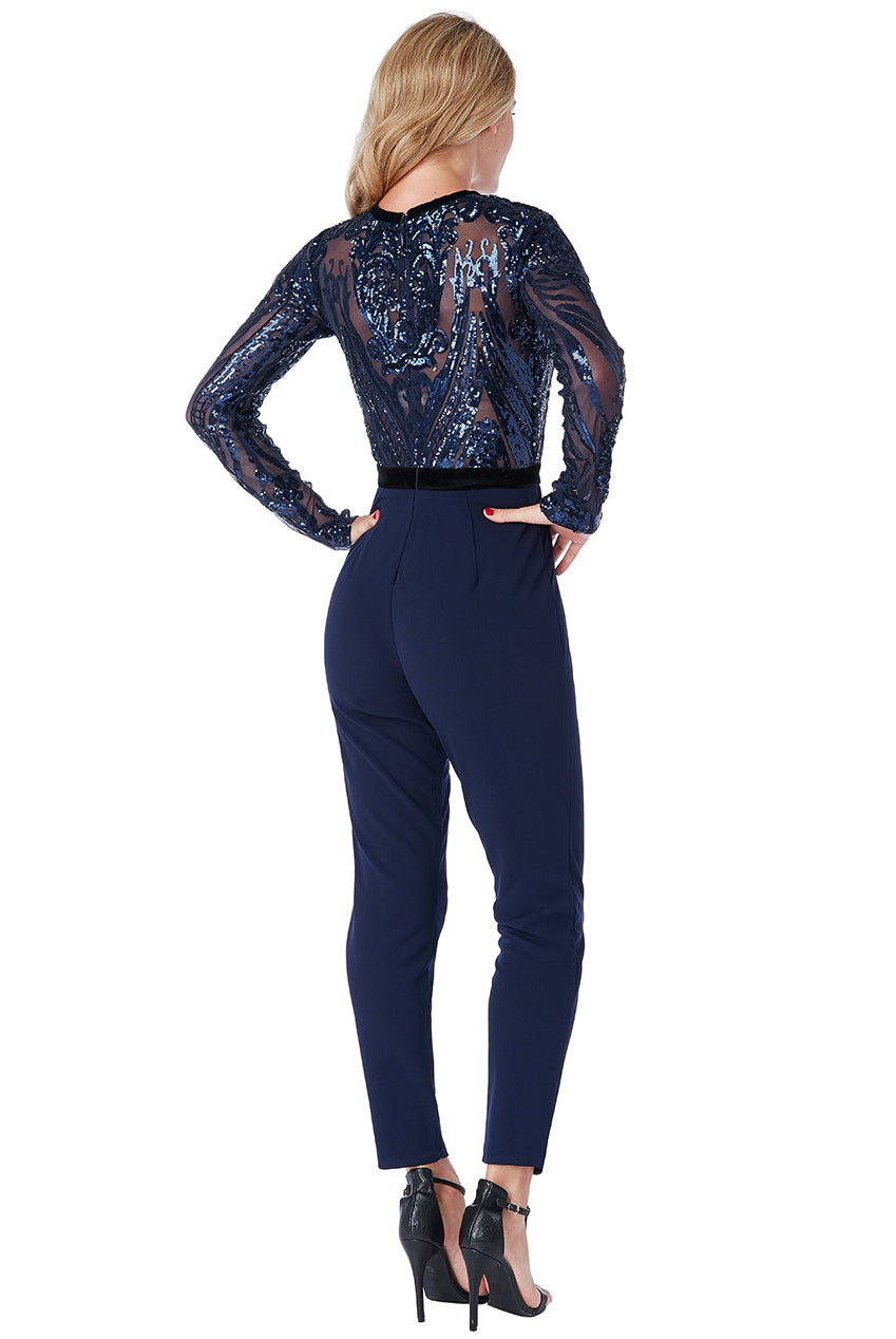 Navy Deep V Neck Sequin Embroidered Jumpsuit