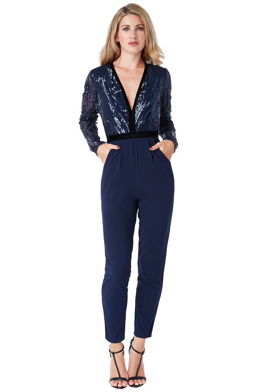 Navy Deep V Neck Sequin Embroidered Jumpsuit