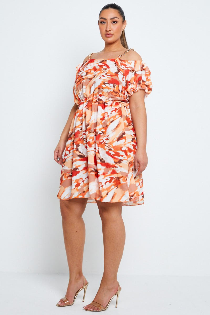Plus Size Orange Cold Shoulder Dress