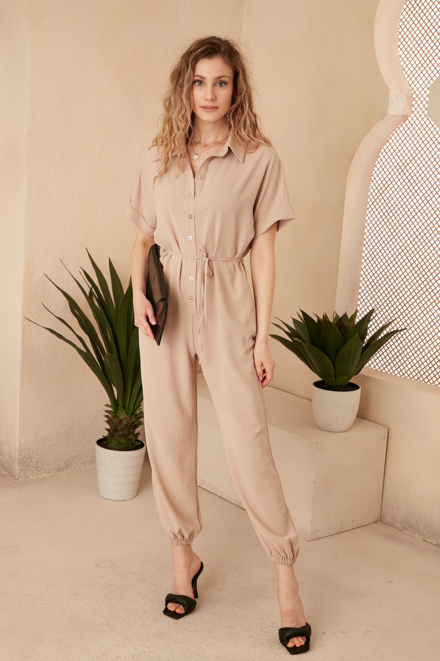 Beige Jumpsuit with Pockets
