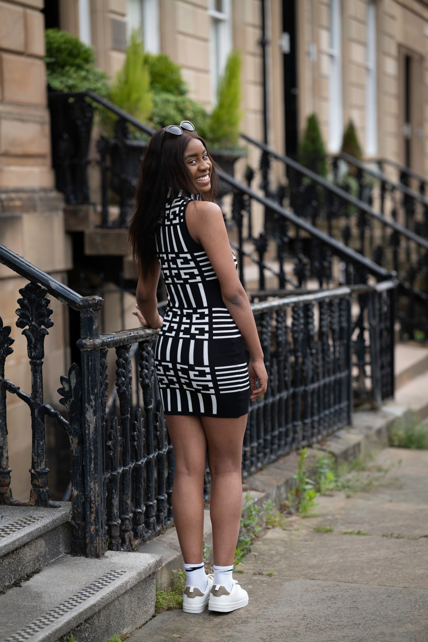 Black and White Bodycon Dress with Front Zip