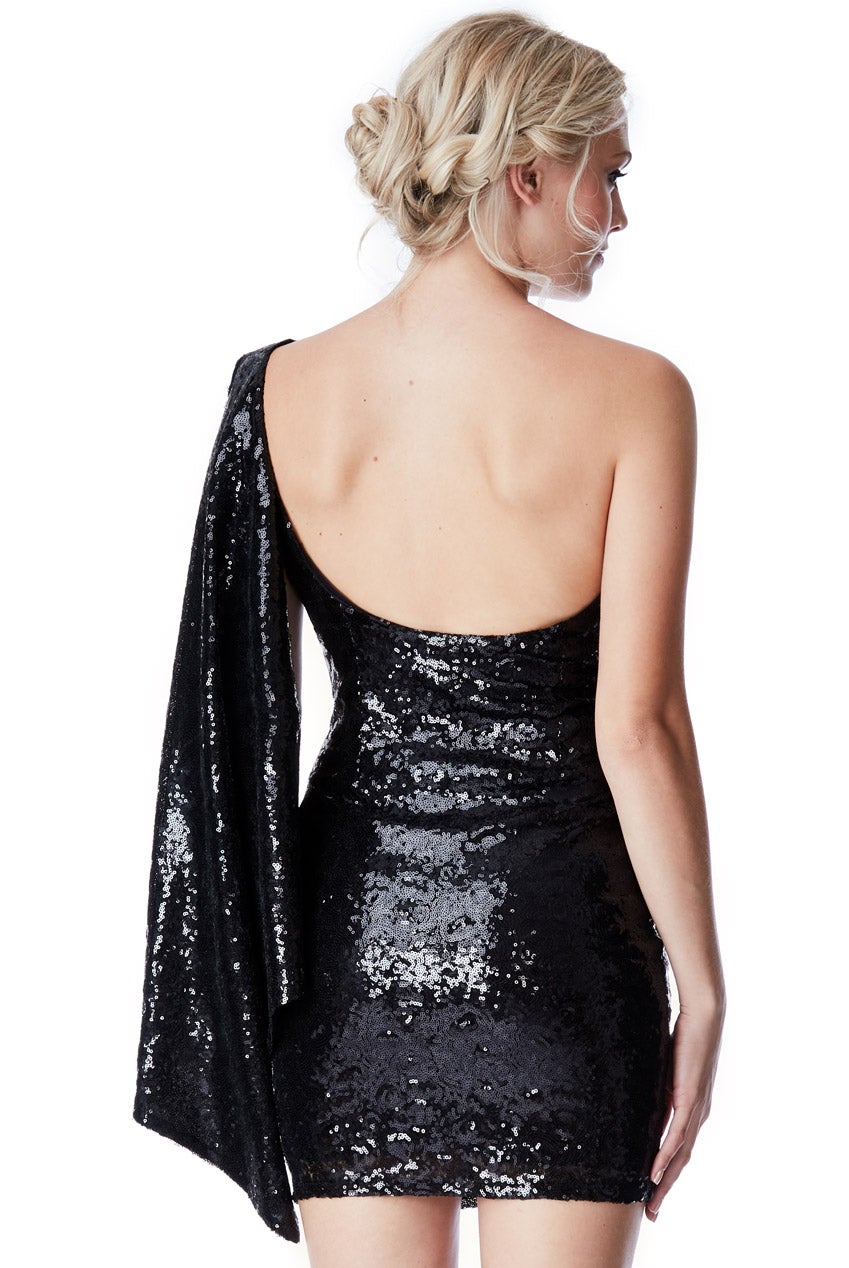 One Shoulder Sequin Mini with Cape Detail