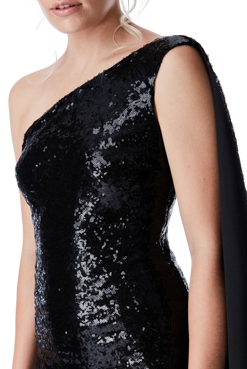One Shoulder Sequin Mini with Cape Detail