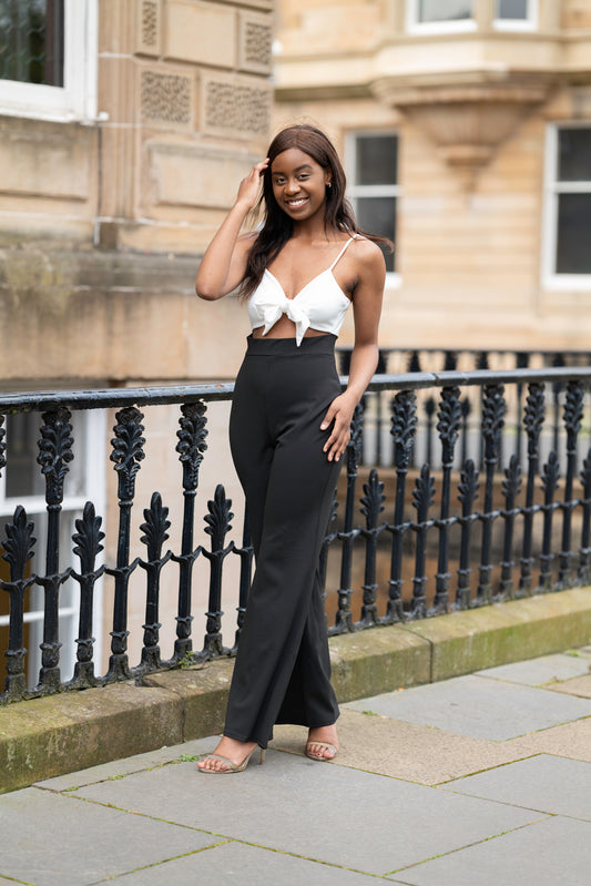 Tia Black and White Tiefront Jumpsuit