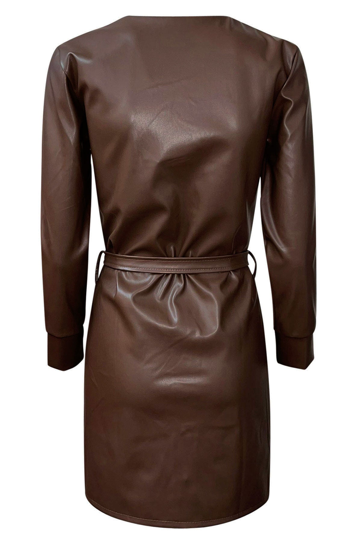Brown Faux Leather Ruched Dress