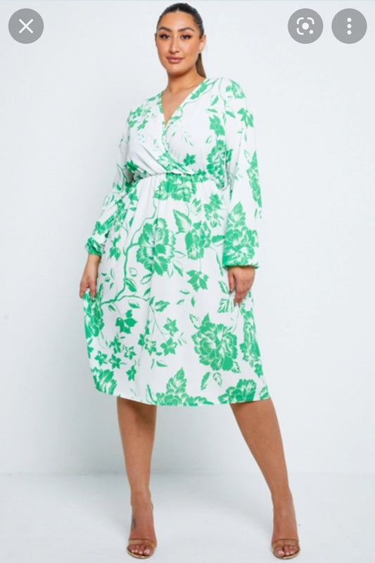 Plus Size Green and White Floral Dress