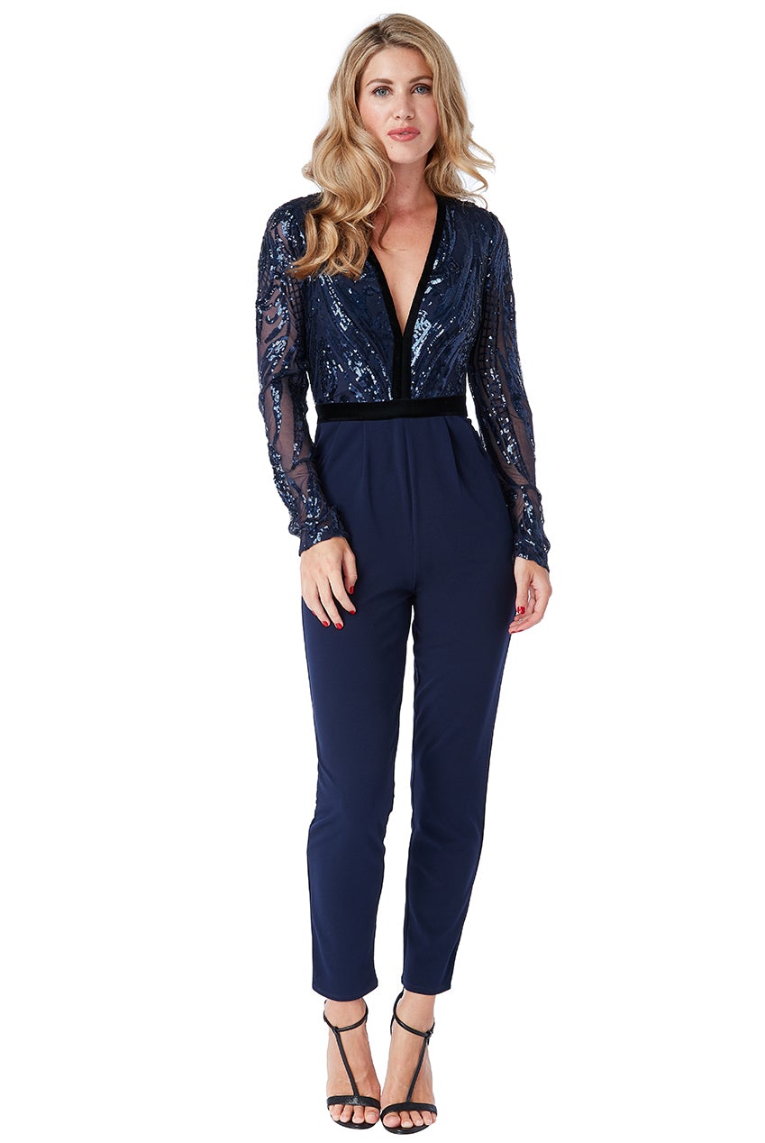 Cerise Deep V Neck Sequin Embroidered Jumpsuit