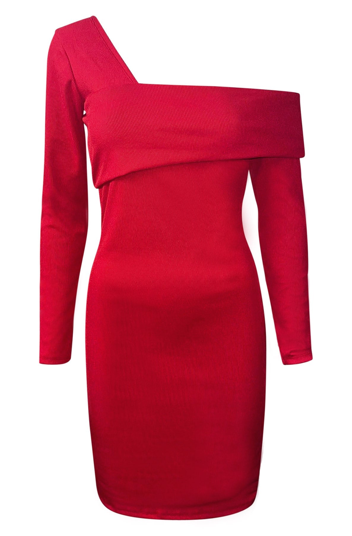 Red Ribbed Dress with Asymetric Neckline