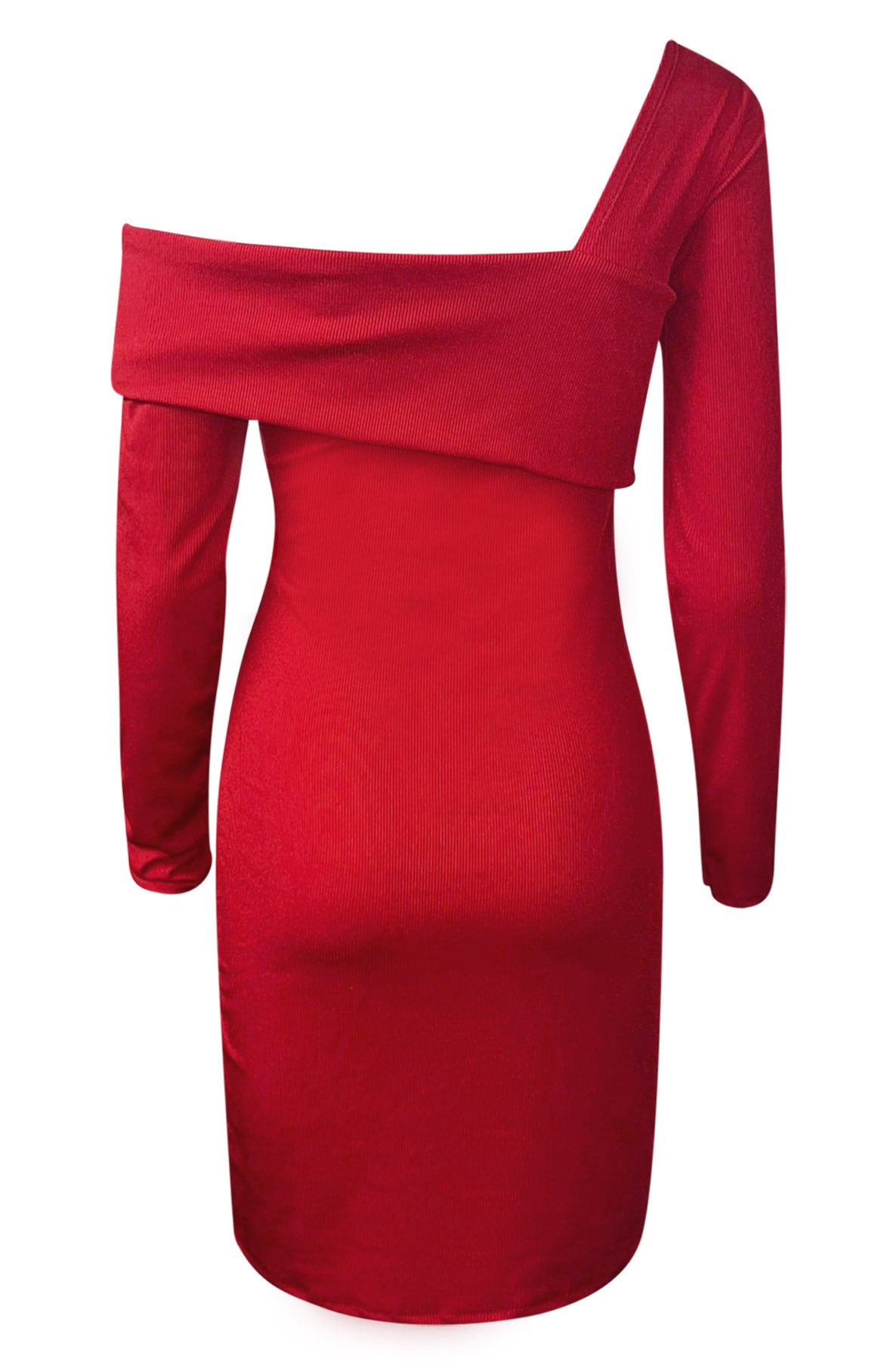 Red Ribbed Dress with Asymetric Neckline
